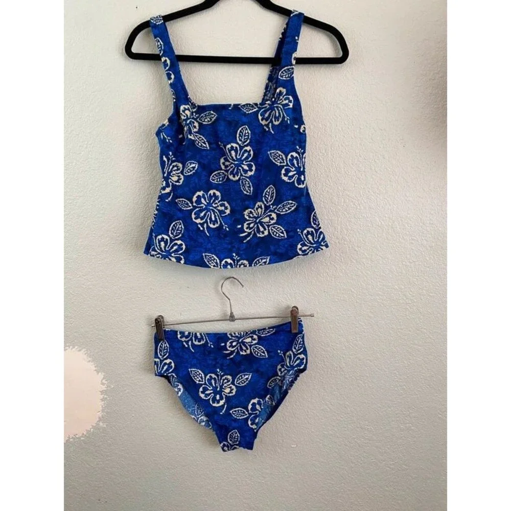 Lands’ End Tankini Swimsuit Set Size 8 Blue Gold Hibiscus Floral Vintage Y2K
